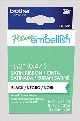 Brother P-touch Embellish Black Print on White Satin Ribbon TZER231 – ½” Wide x 13.1’ Long for use with P-touch Embellish Ribbon & Tape Printer