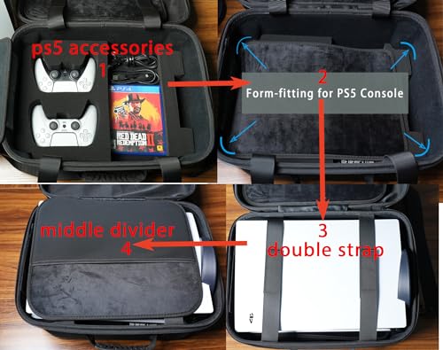 RIGICASE Hard carry case for ps5/ps5 pro/ps5 slim(no removing stand), Hard travel case for playstation and accessosries,with handle/adjustable shoulder strap, plenty of foam cushion