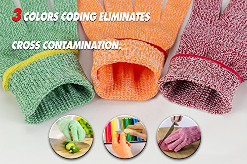 J H 3 Color Cut Resistant Gloves Red For Meat, Green For Veg, Yellow For Fruit- High Performance Cut Level 5, Food Grade No Cross Contam