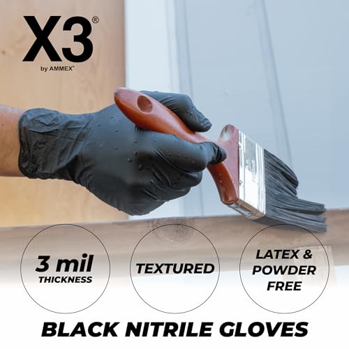 X3 Black Nitrile Disposable Industrial Gloves 3 Mil, Latex/Powder-Free Food-Safe, Non-Sterile, Textured, Medium, Case of 1000