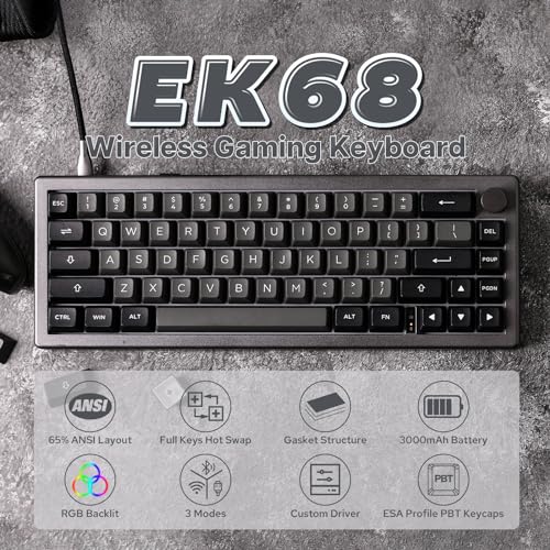EPOMAKER EK68 65% Wireless Gaming Keyboard with Metal Knob, Hot Swappable Gasket Mechanical Keyboard, Bluetooth 5.0/2.4Ghz/USB-C, NKRO, Programmable, RGB Backlit (Black Silver, Budgerigar Switch)