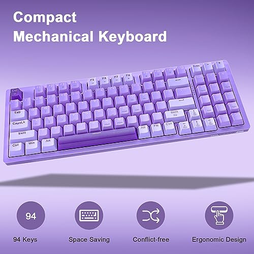 HUO JI Mechanical Gaming Keyboard USB Wired Compact with Number Pad, Purple Led Backlit, Red Switch, Detachable Type C Cable