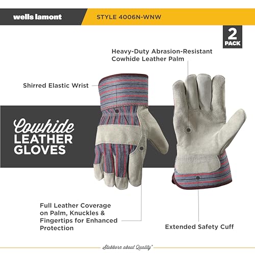 Wells Lamont 2 Pair Pack Men's Leather Work Gloves with Heavy Duty Reinforced Palms, Large (4006N-WNW) , Grey