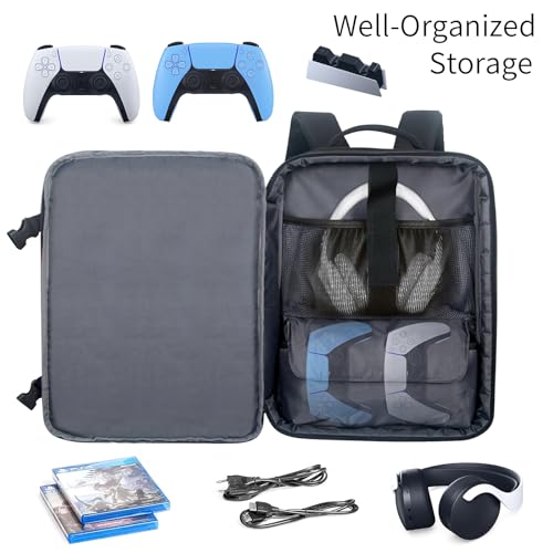 Hap Tim Travel Backpack for PS5 Console, Padded Protection PlayStation 5 Carrying Case, Large Capacity for Laptop, PS5 Controller, Headset, Game Discs and Accessories, Black （P
