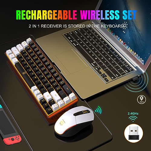 Snpurdiri 60% Wireless Gaming Keyboard and Mouse Combo,Orange Backlit Rechargeable 2000mAh Battery,Mini Mechanical Feel Anti-ghosting Keyboard + Popular RGB Mice for Gaming, Office(Black-White)
