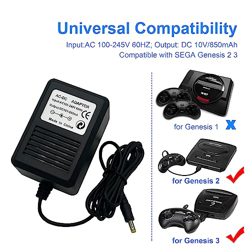 CUENSTOP Power Supply and AV Cable for Genesis 2 3, AC Power Adapter and Audio Video RCA AV Cable Compatible with SEGA Genesis 2 3 Console