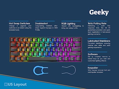 Geeky GK61 60% | Hot Swappable Mechanical Gaming Keyboard | 61 Keys Multi Color RGB LED Backlit for PC/Mac Gamer | ANSI US American Layout (Black, Mechanical Speed Silver)